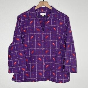 Vintage 100% Cotton Christopher & Banks Sz XL Top Purple Red embroidered Grandma